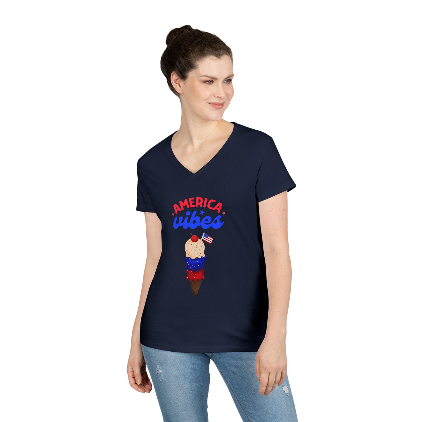 Patriotic Ladies' V-Neck T-Shirt - America Vibes Design, Ice Cream Cone. Summer Style, Independence Day, Gift for Her, Casual Wear