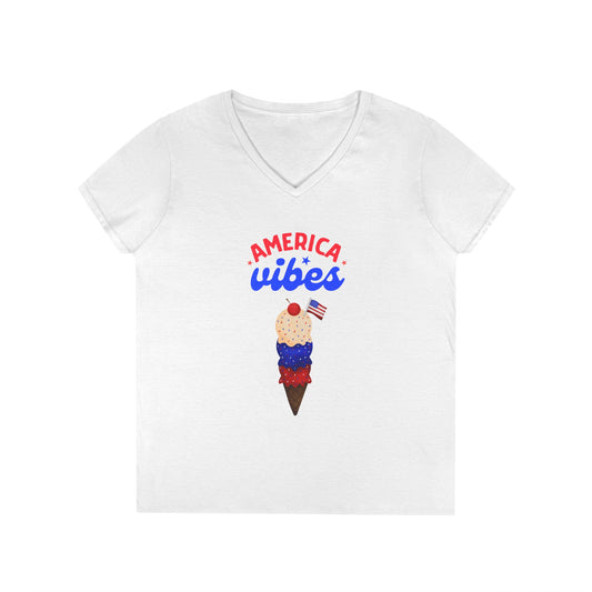 Patriotic Ladies' V-Neck T-Shirt - America Vibes Design, Ice Cream Cone. Summer Style, Independence Day, Gift for Her, Casual Wear