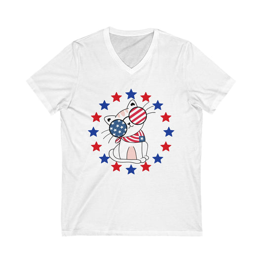 Patriotic Cat V-Neck Tee - Summer BBQ Shirt, Fourth of July Top, Cute Cat T-Shirt, Gift for Cat Lovers, Casual Summer Style