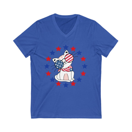 Patriotic Cat V-Neck Tee - Summer BBQ Shirt, Fourth of July Top, Cute Cat T-Shirt, Gift for Cat Lovers, Casual Summer Style
