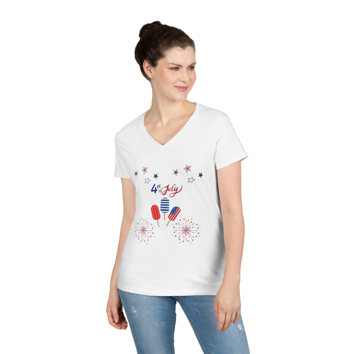 4th of July Celebration V-Neck T-Shirt | Patriotic Tee, Holiday Outfit, Summer Fashion, Fireworks Design, USA Pride