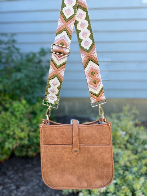 Brown LeatherCrossbody Purse Shoulder Handbag with Patterned Removable Strap