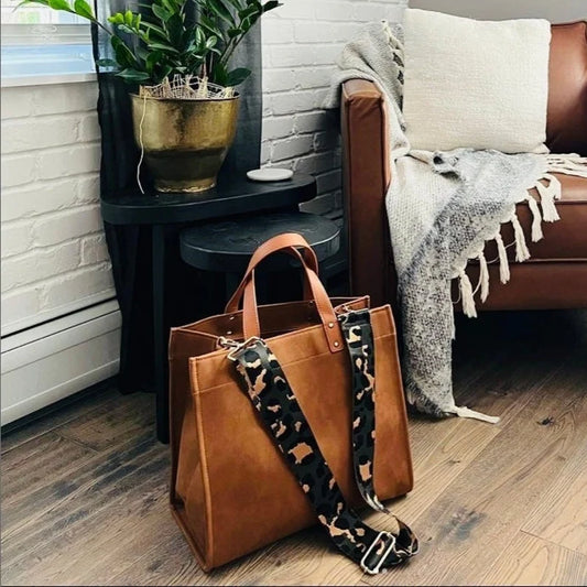 Brown Faux Leather Tote with Interchangeable Adjustable Strap