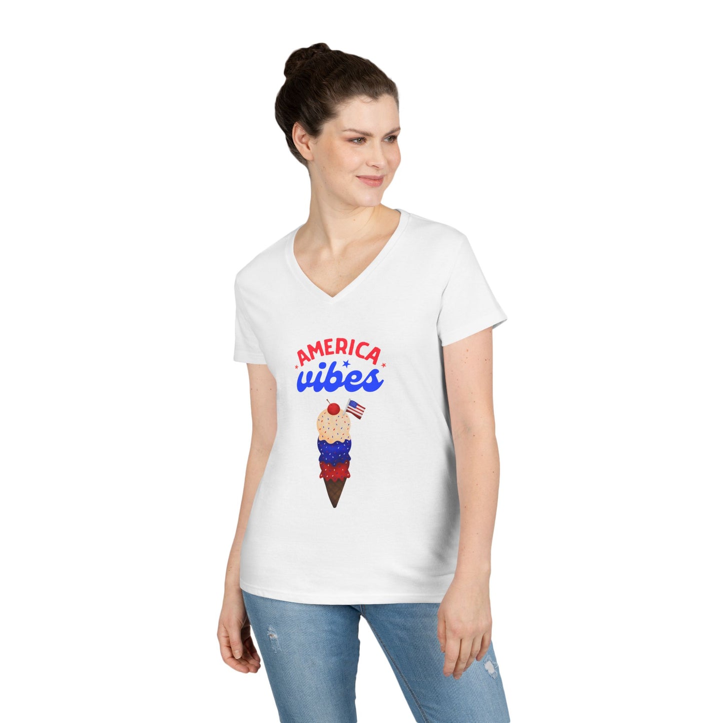 Patriotic Ladies' V-Neck T-Shirt - America Vibes Design, Summer Style, Independence Day, Gift for Her, Casual Wear