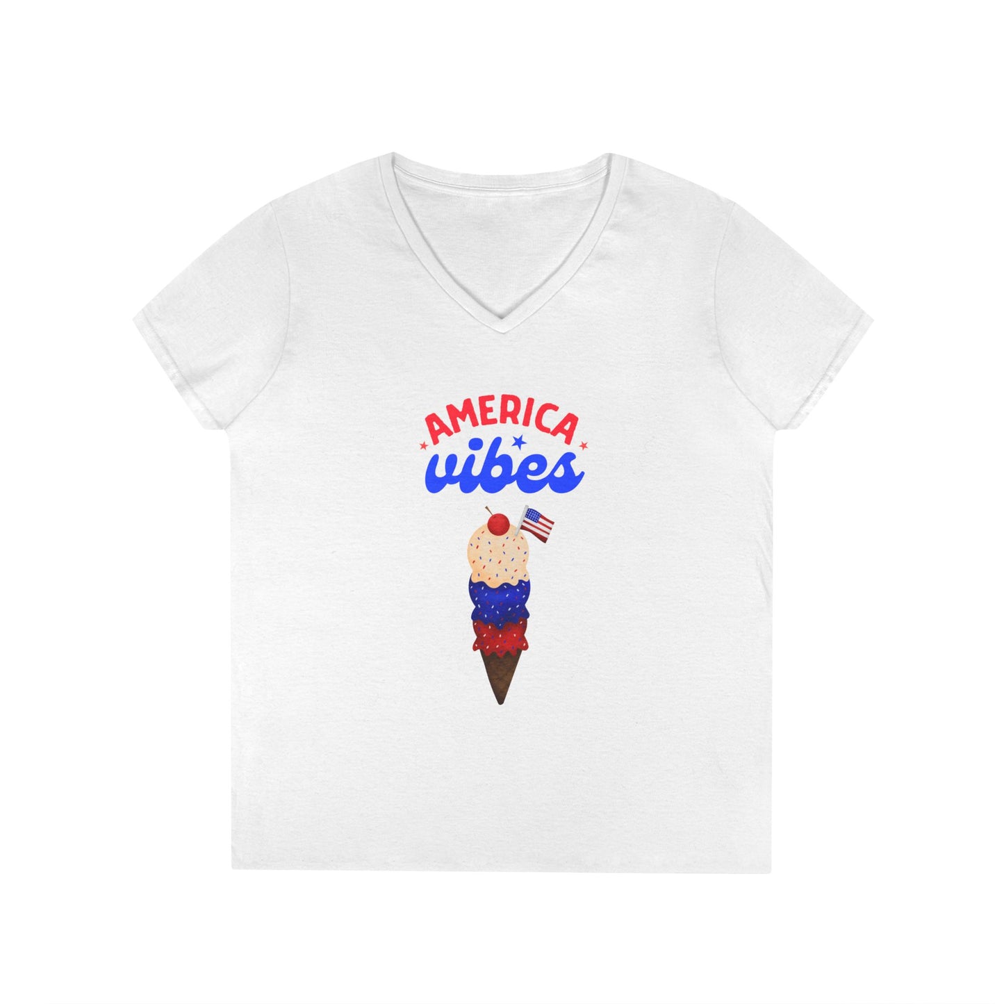 Patriotic Ladies' V-Neck T-Shirt - America Vibes Design, Summer Style, Independence Day, Gift for Her, Casual Wear