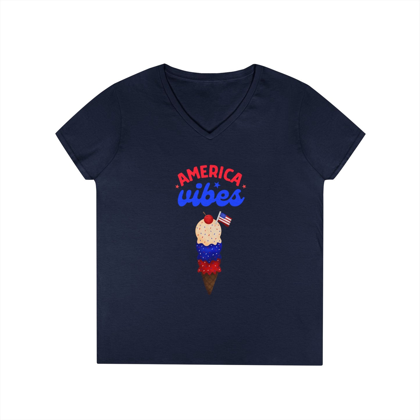 Patriotic Ladies' V-Neck T-Shirt - America Vibes Design, Summer Style, Independence Day, Gift for Her, Casual Wear