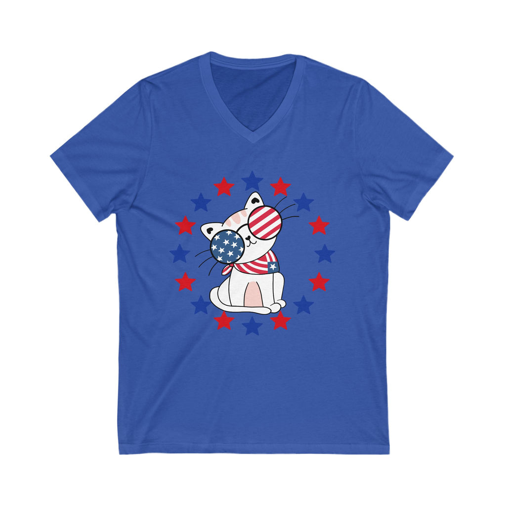Patriotic Cat V-Neck Tee - Summer BBQ Shirt, Fourth of July Top, Cute Cat T-Shirt, Gift for Cat Lovers, Casual Summer Style
