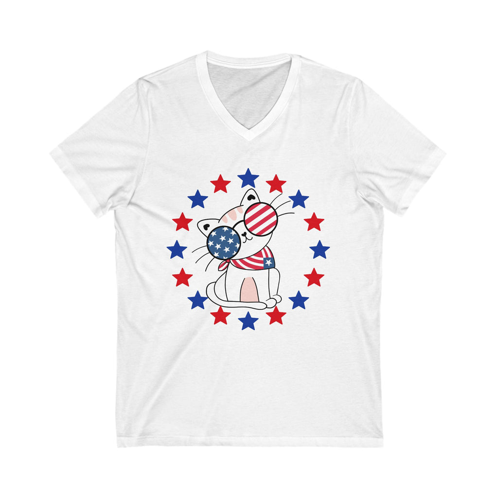 Patriotic Cat V-Neck Tee - Summer BBQ Shirt, Fourth of July Top, Cute Cat T-Shirt, Gift for Cat Lovers, Casual Summer Style