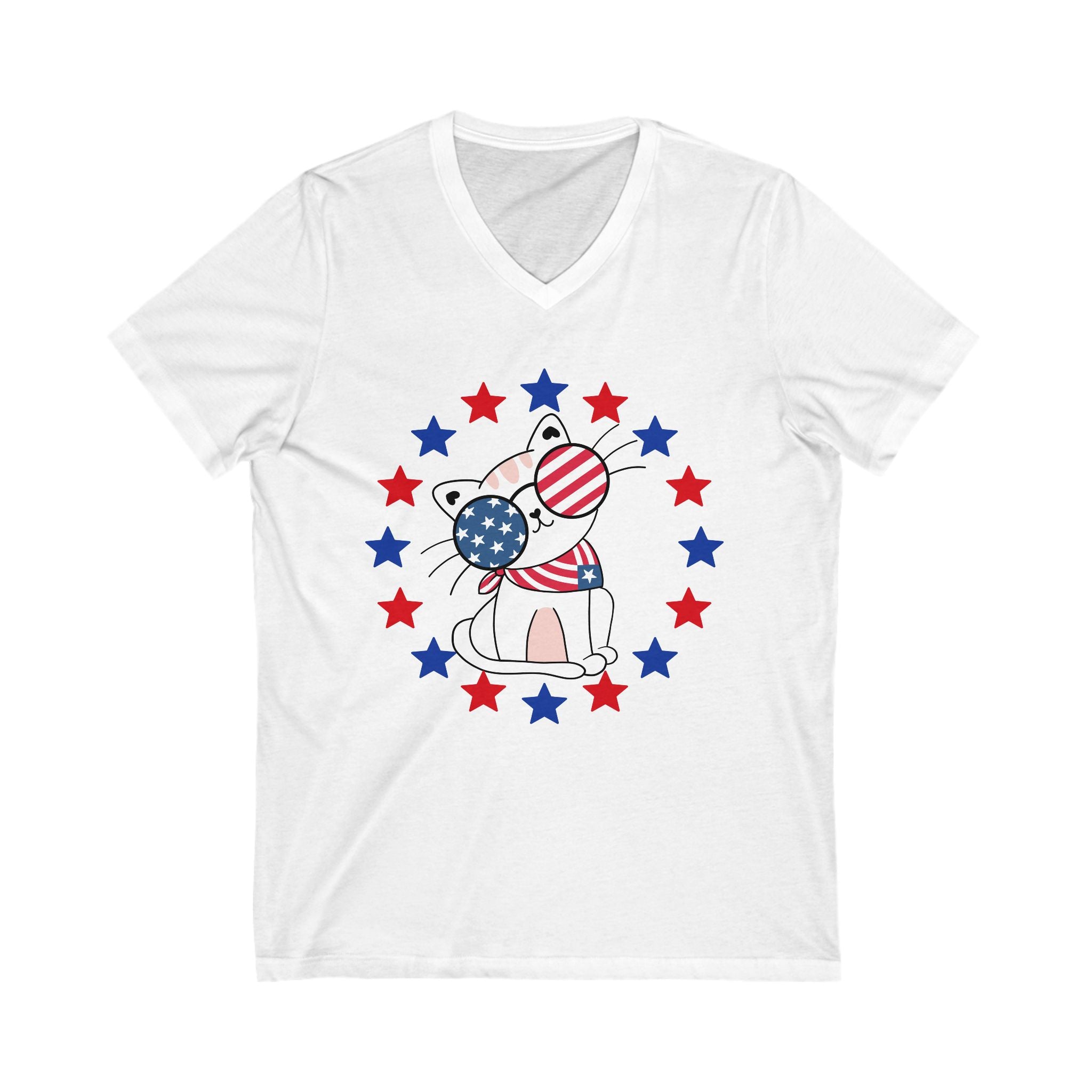 Patriotic Cat V-Neck Tee - Summer BBQ Shirt, Fourth of July Top, Cute Cat T-Shirt, Gift for Cat Lovers, Casual Summer Style