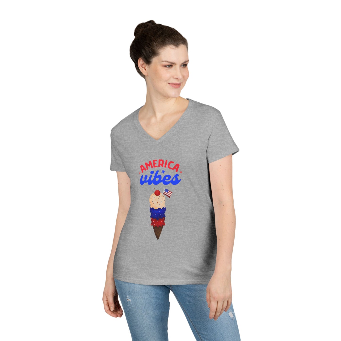 Patriotic Ladies' V-Neck T-Shirt - America Vibes Design, Summer Style, Independence Day, Gift for Her, Casual Wear