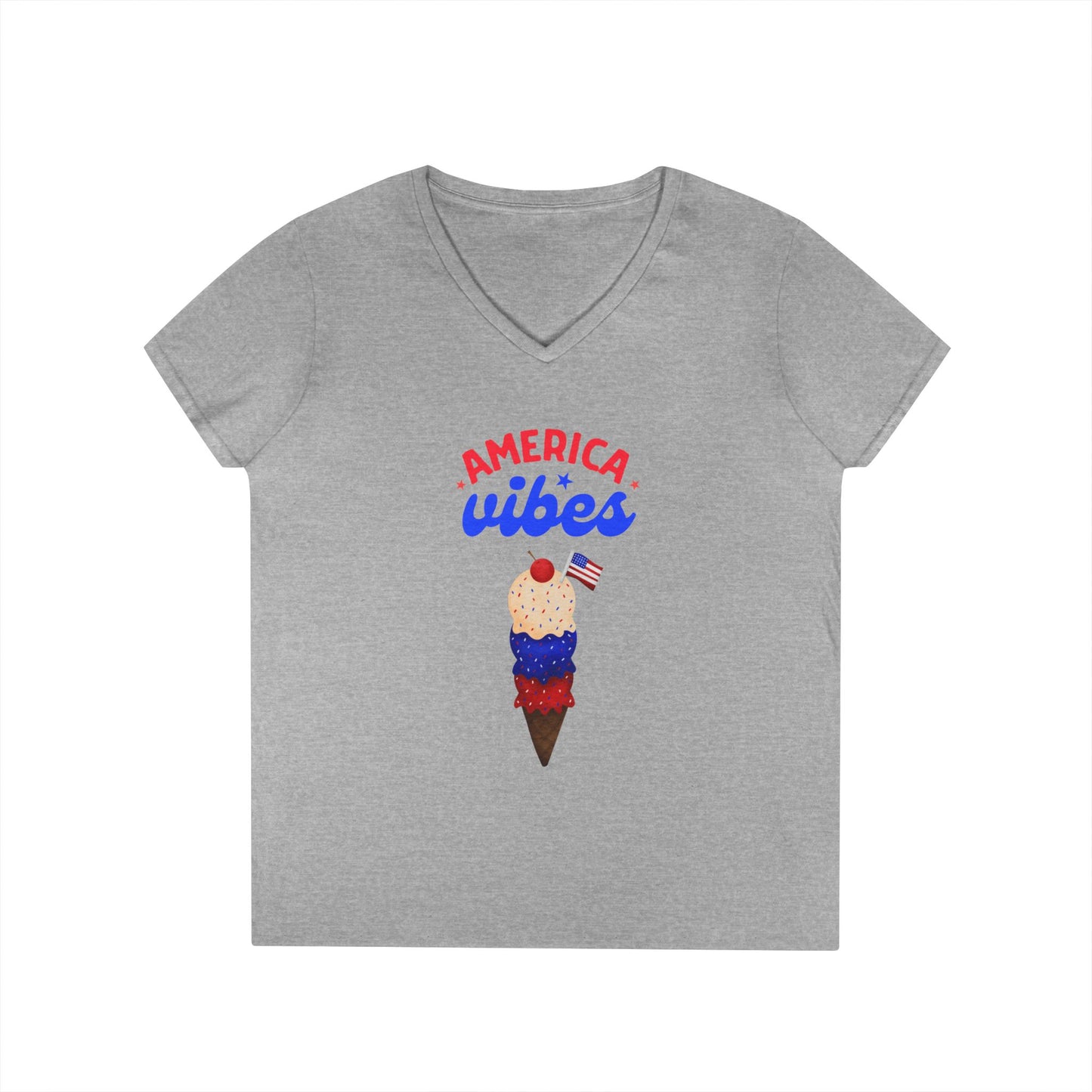 Patriotic Ladies' V-Neck T-Shirt - America Vibes Design, Summer Style, Independence Day, Gift for Her, Casual Wear